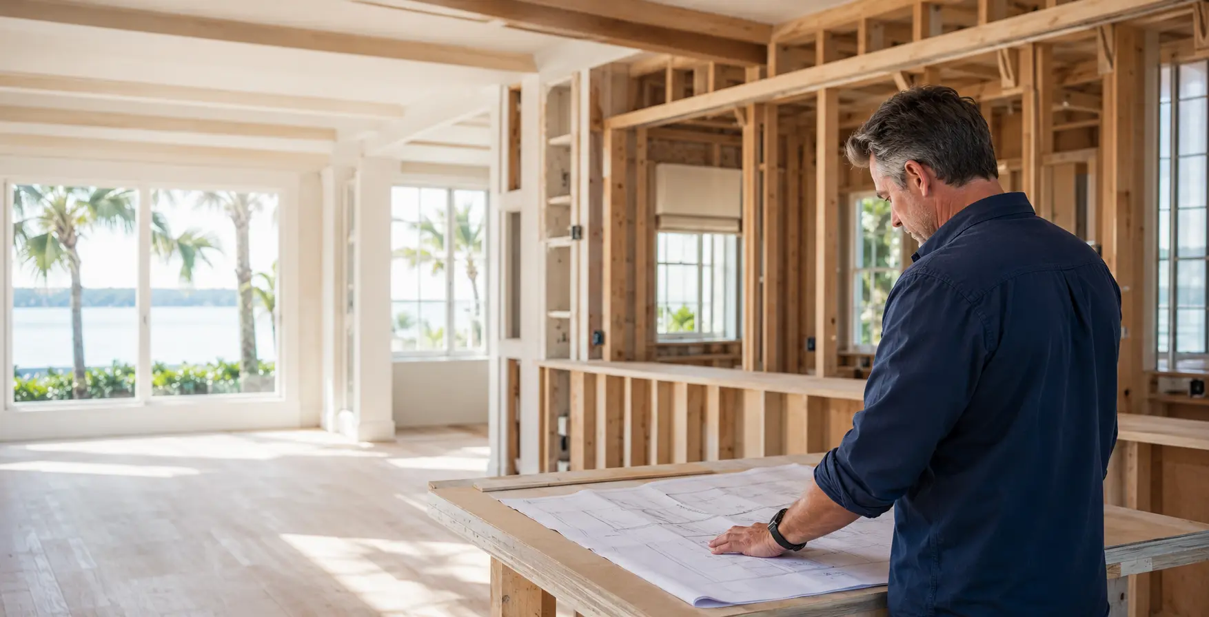 Contractor reviewing project plans inside a Florida home renovation
