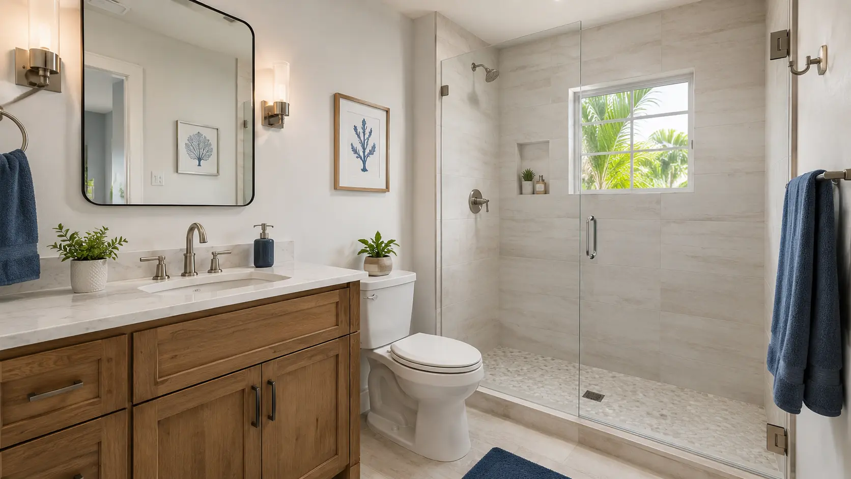 Finished Florida bathroom remodel with a tiled walk-in shower and wood vanity