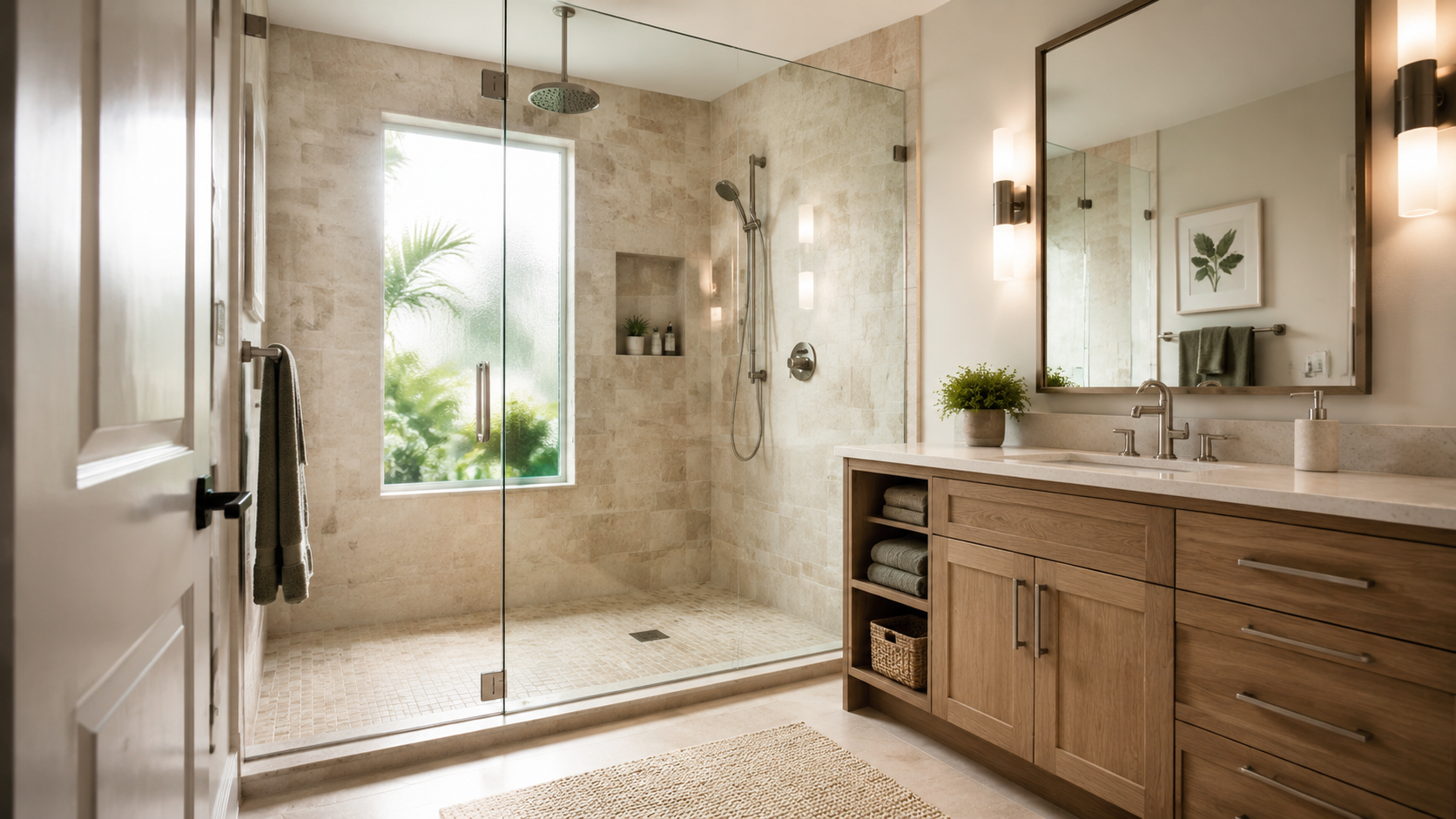 Completed bathroom remodel with a tiled walk-in shower and wood vanity