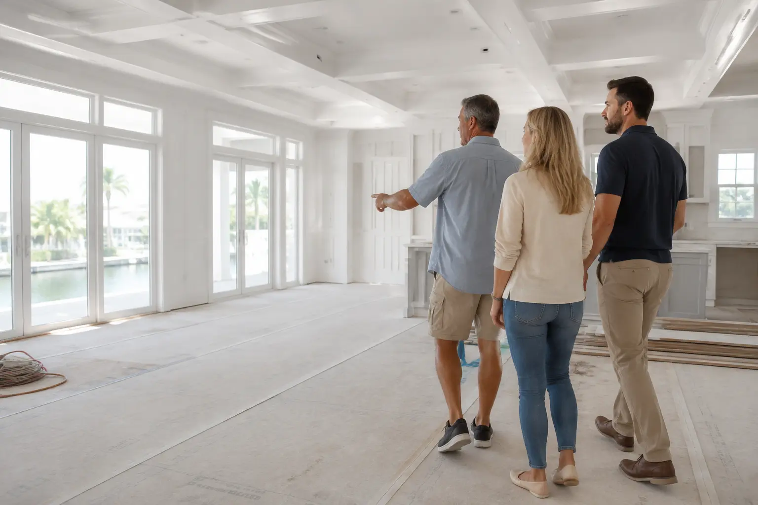 Contractor reviewing a residential construction project with homeowners