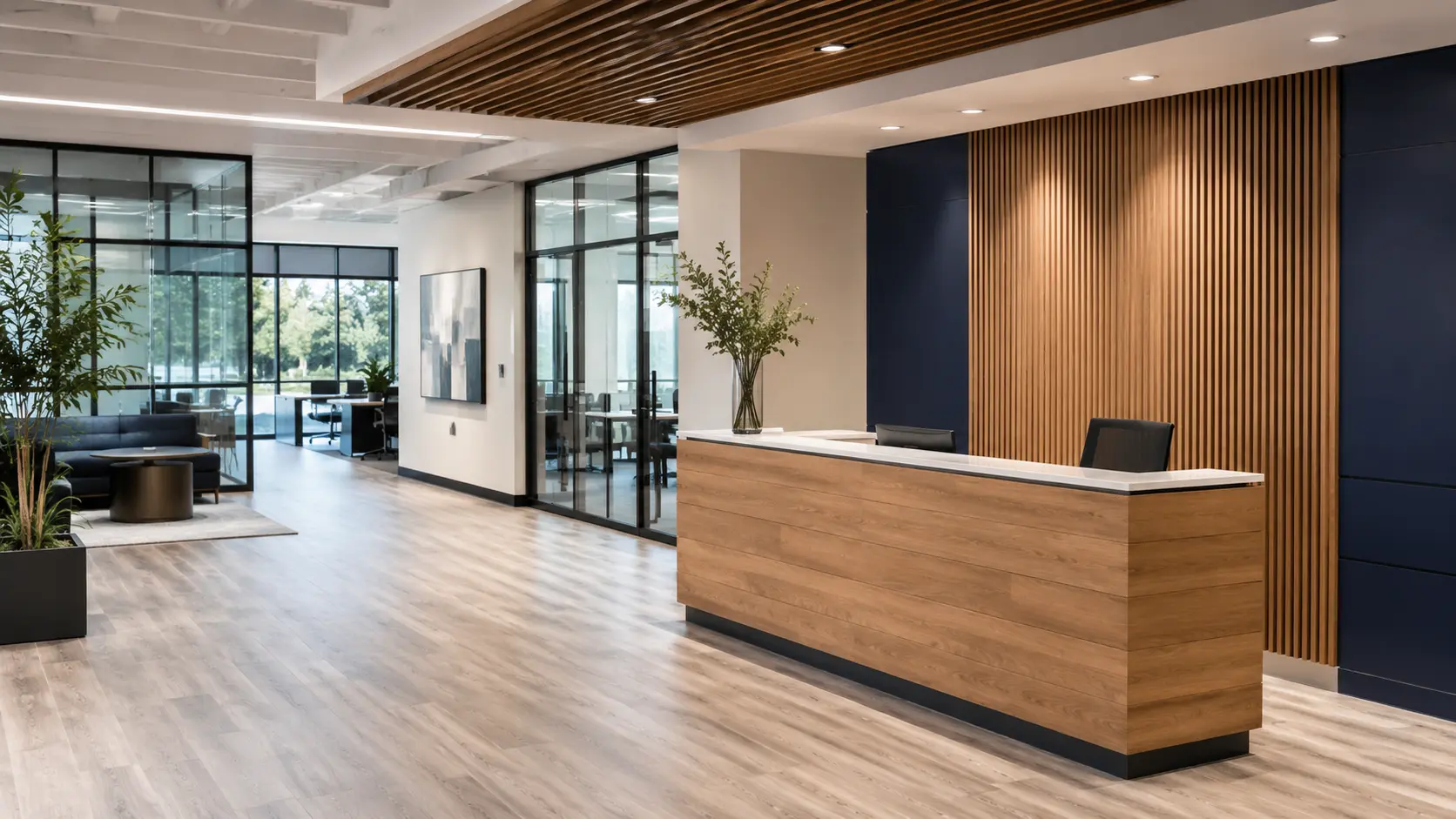 Finished modern office reception and commercial interior renovation