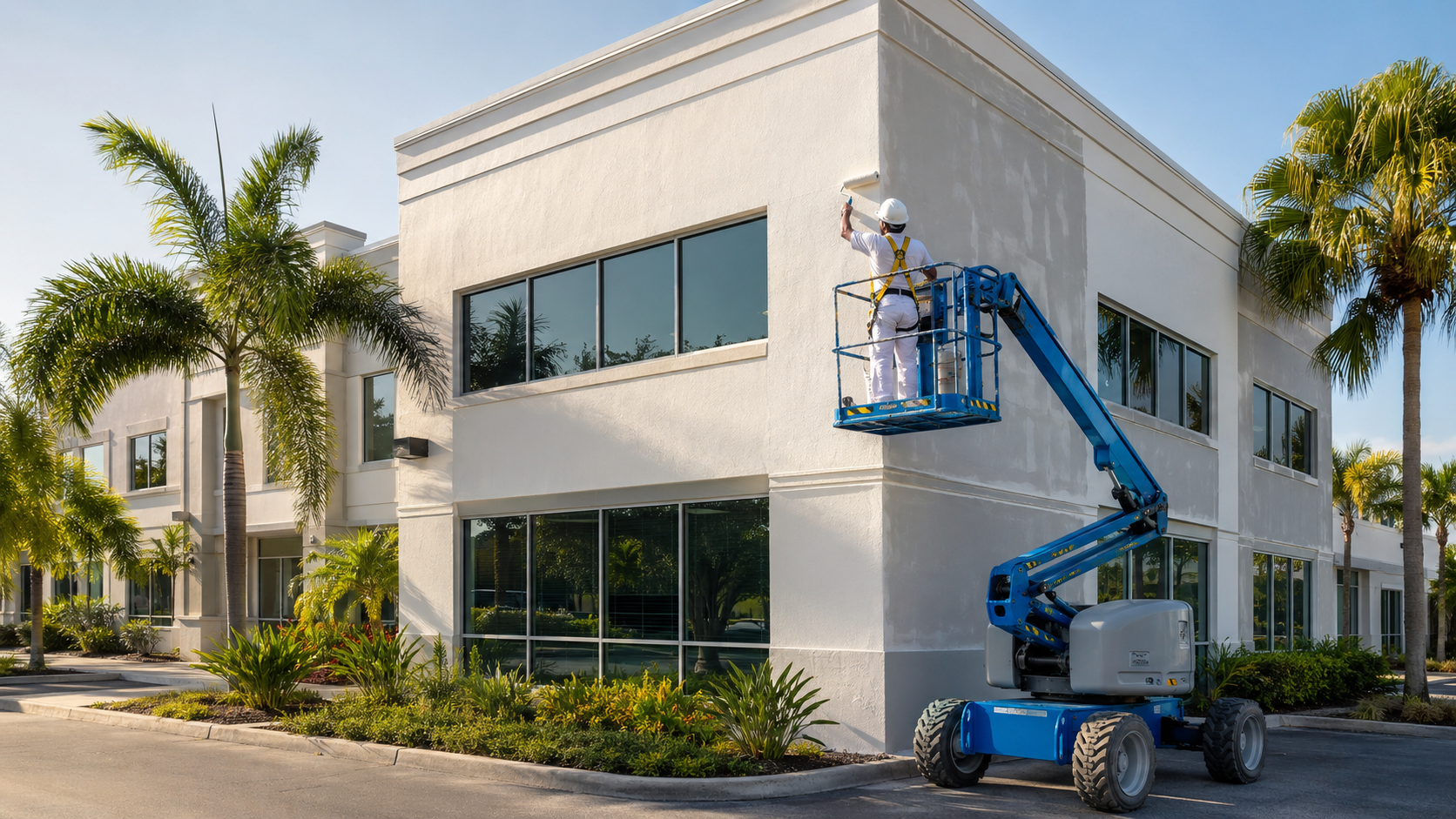 Commercial painter coating a Florida office building from a lift