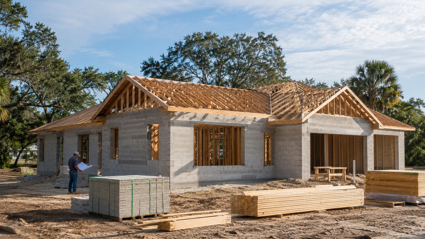 Concrete block custom home under construction in Hernando County, Florida