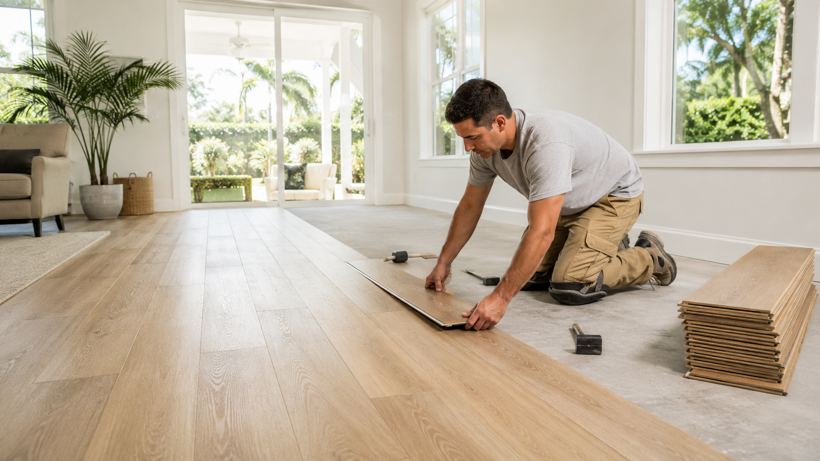 Professional installer fitting light oak plank flooring in a Florida living room