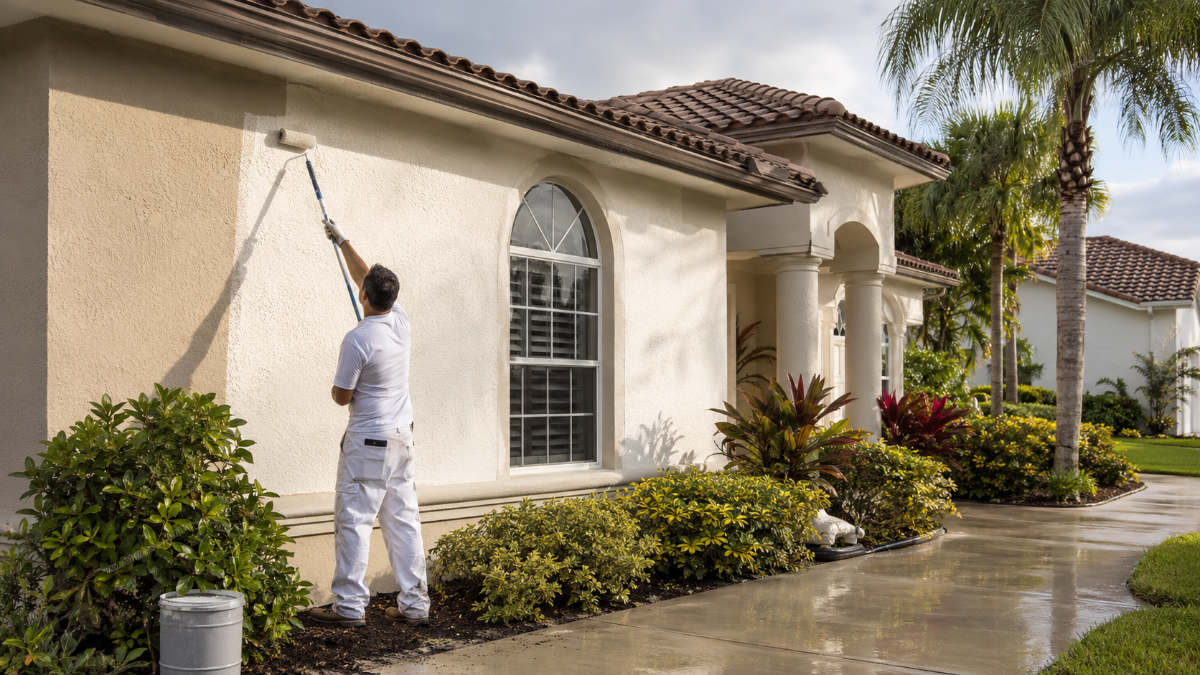 Painter applying a fresh exterior coating to a Florida stucco home