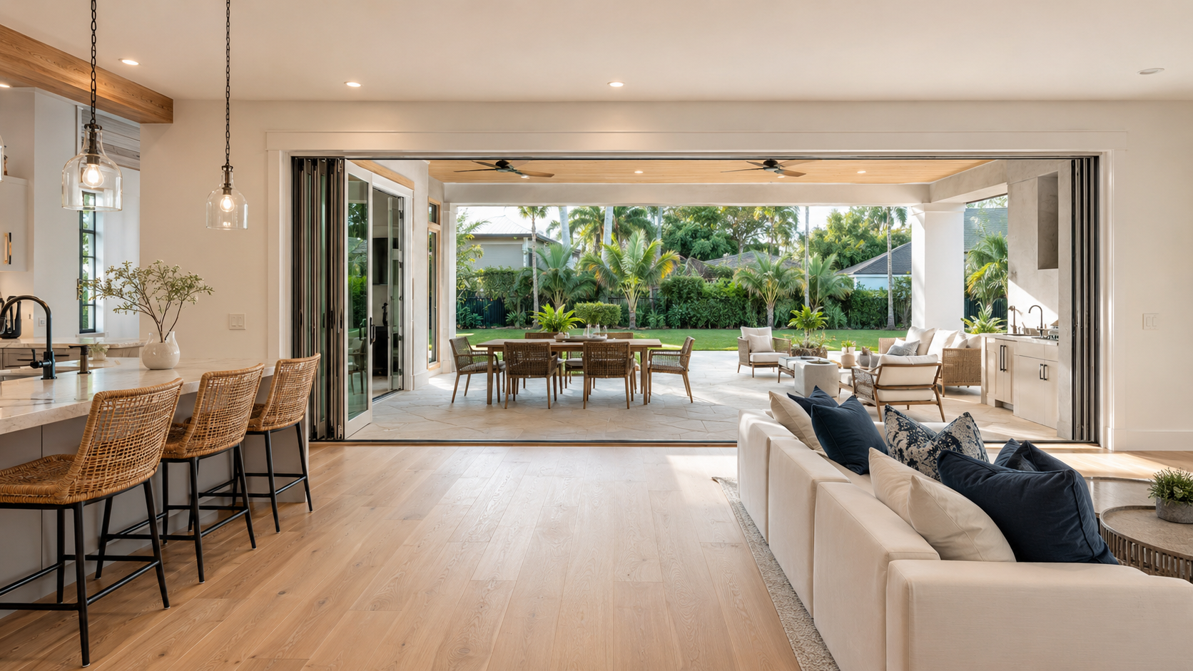 Completed Florida home renovation opening to a finished outdoor living area