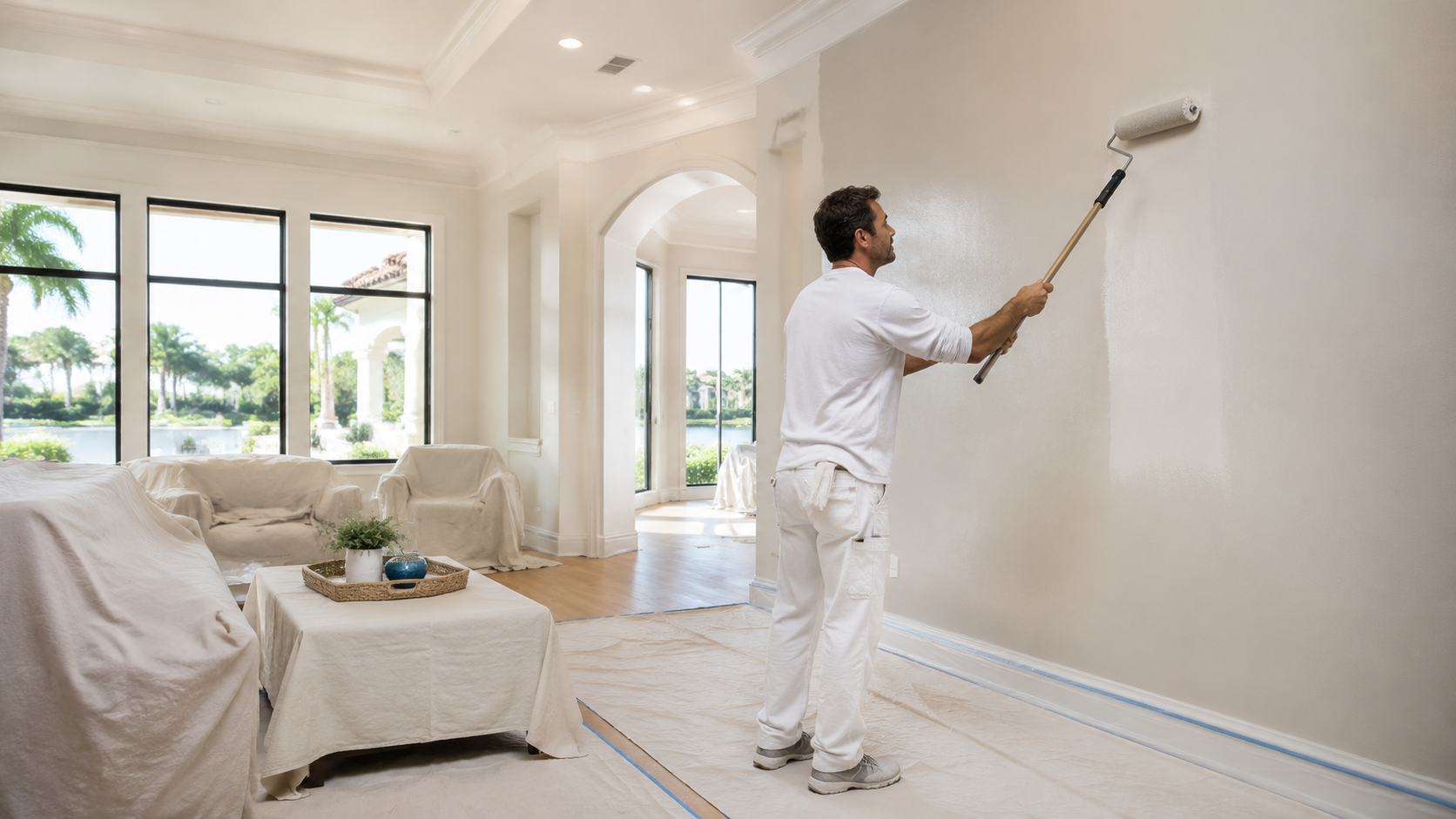 Professional painter applying a fresh wall color inside a protected Florida living room