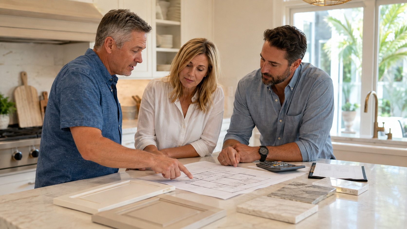 Homeowners planning a kitchen remodel with a contractor and material samples