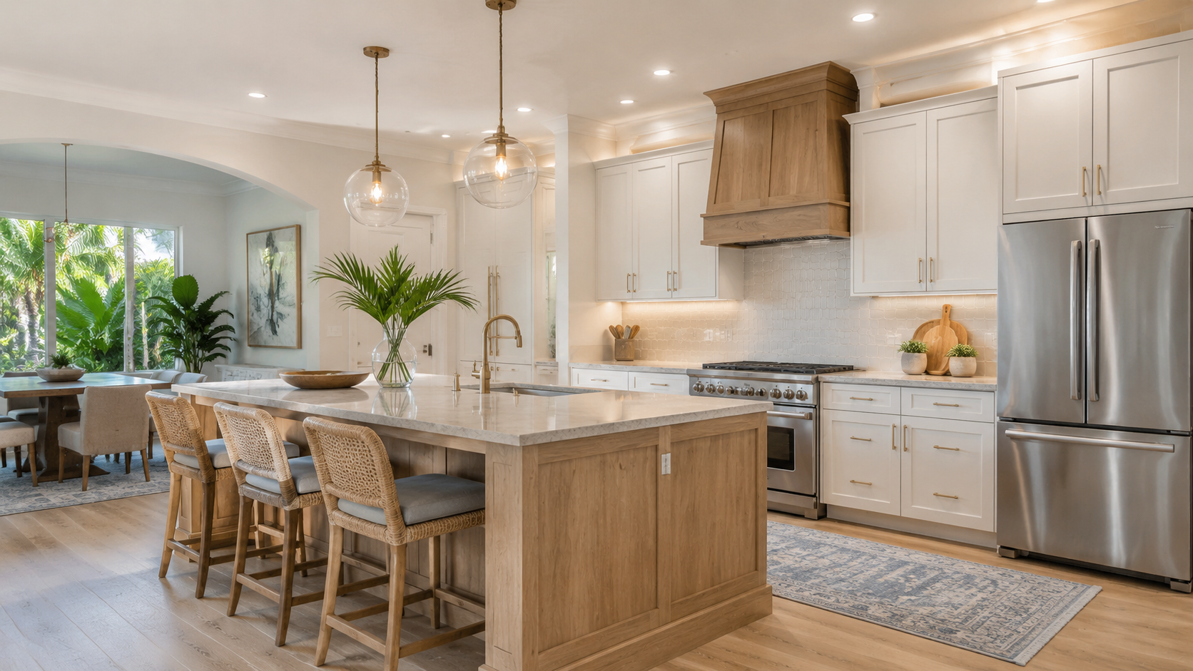 Completed kitchen remodel with white cabinetry and a light wood island