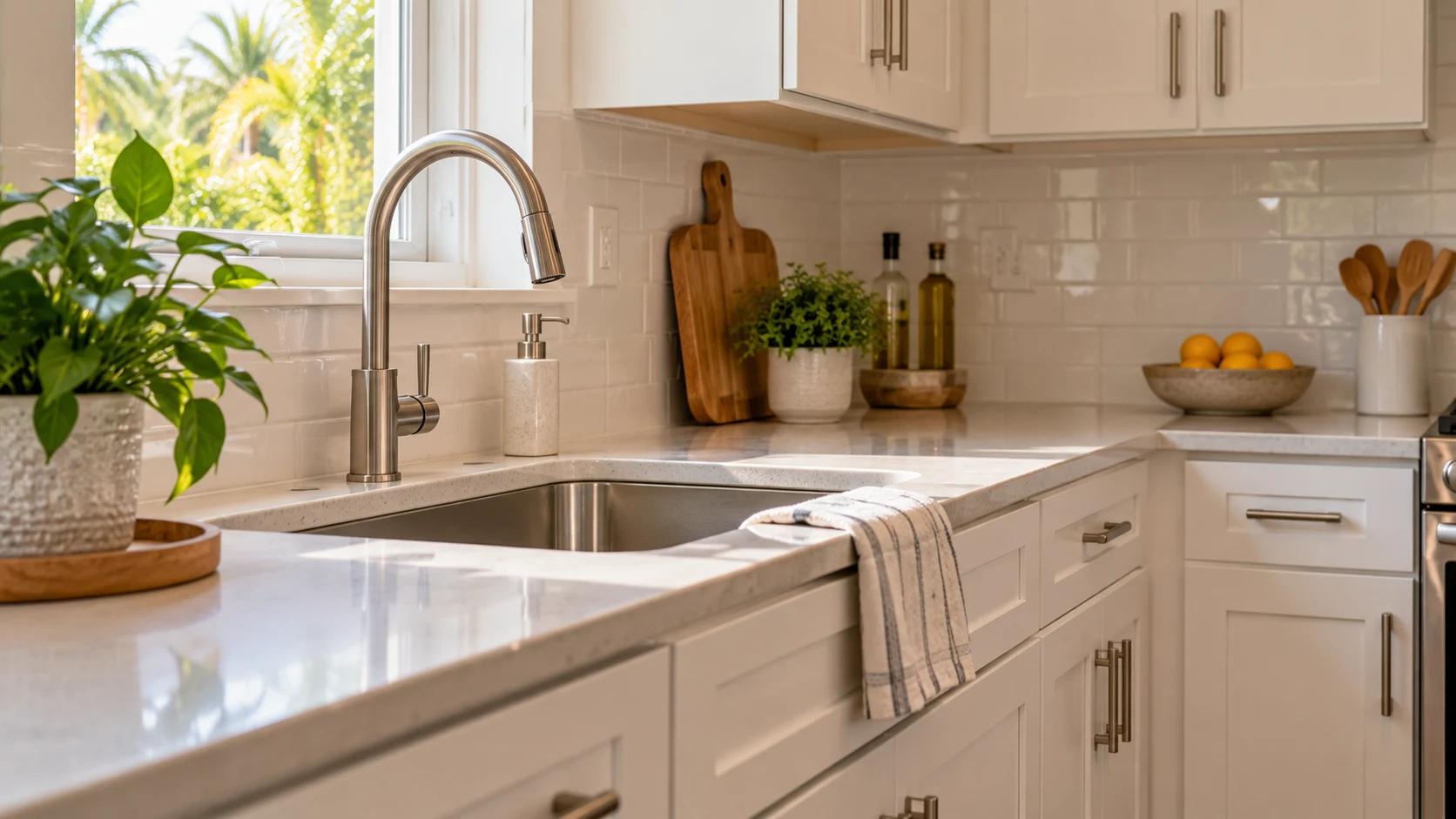 Illustrative detail of white cabinet doors, brushed nickel pulls and neutral countertop finishes
