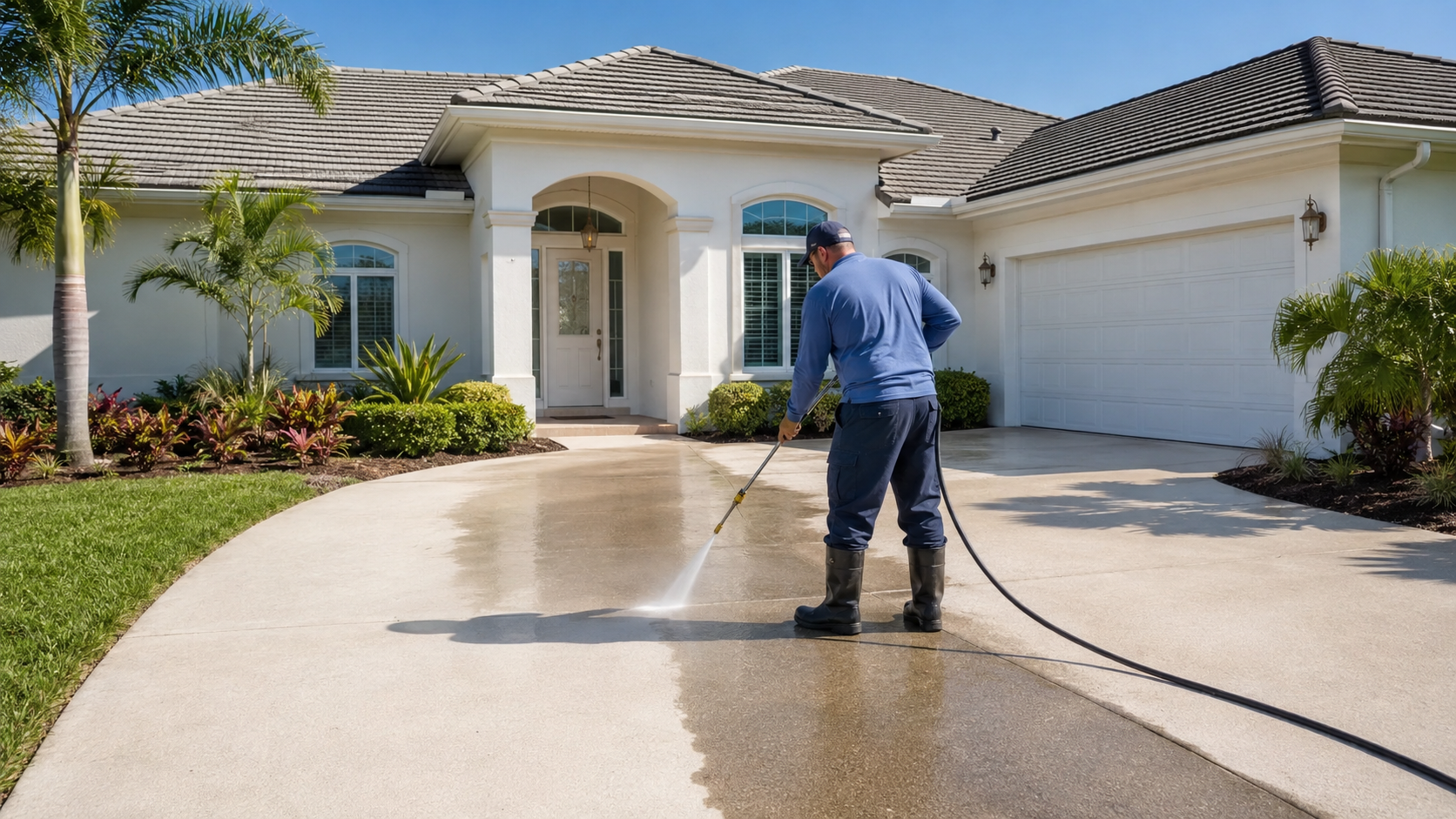Professional pressure washing a concrete driveway at a Florida home