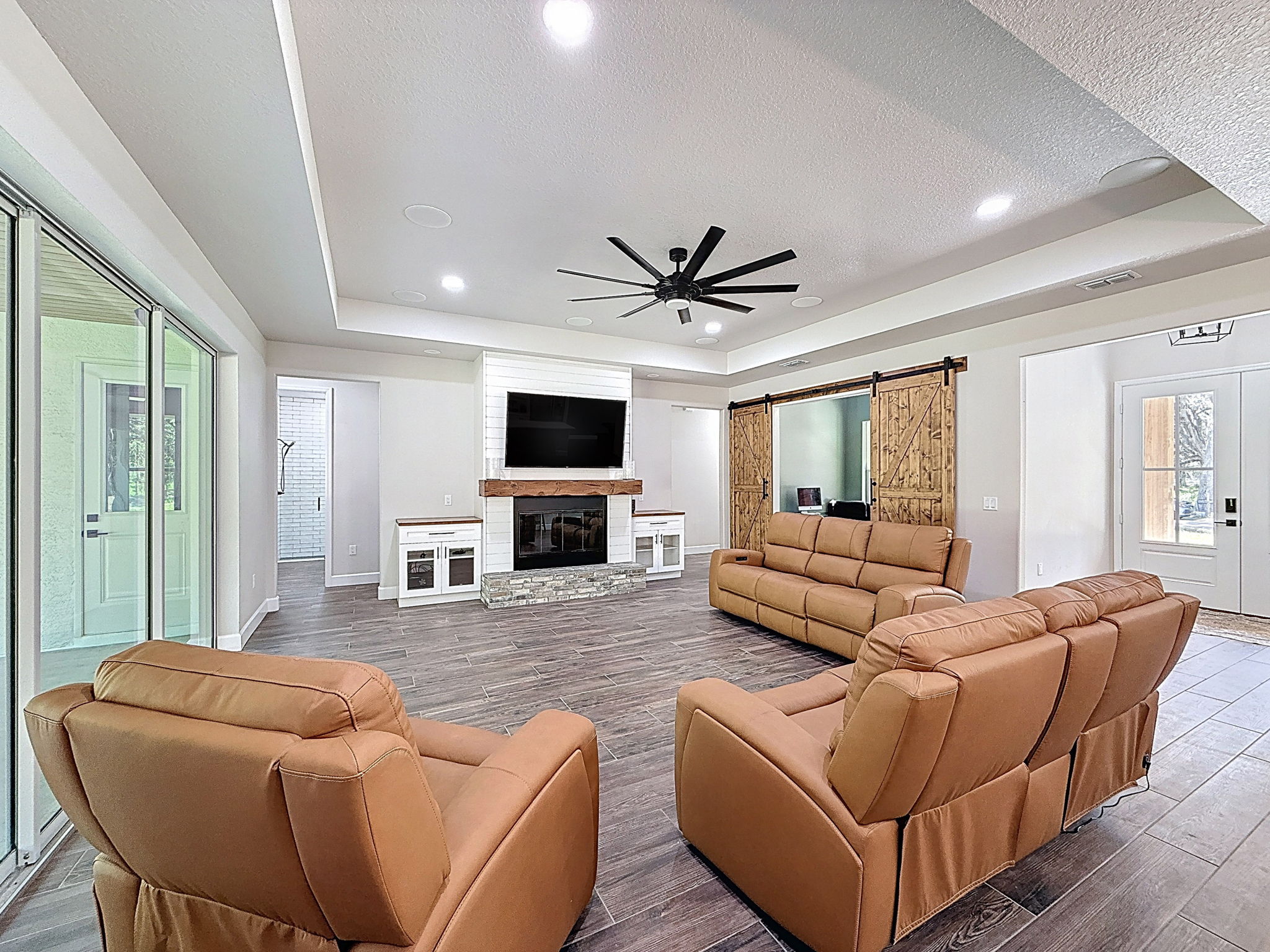 Completed living room inside the Brooksville custom farmhouse