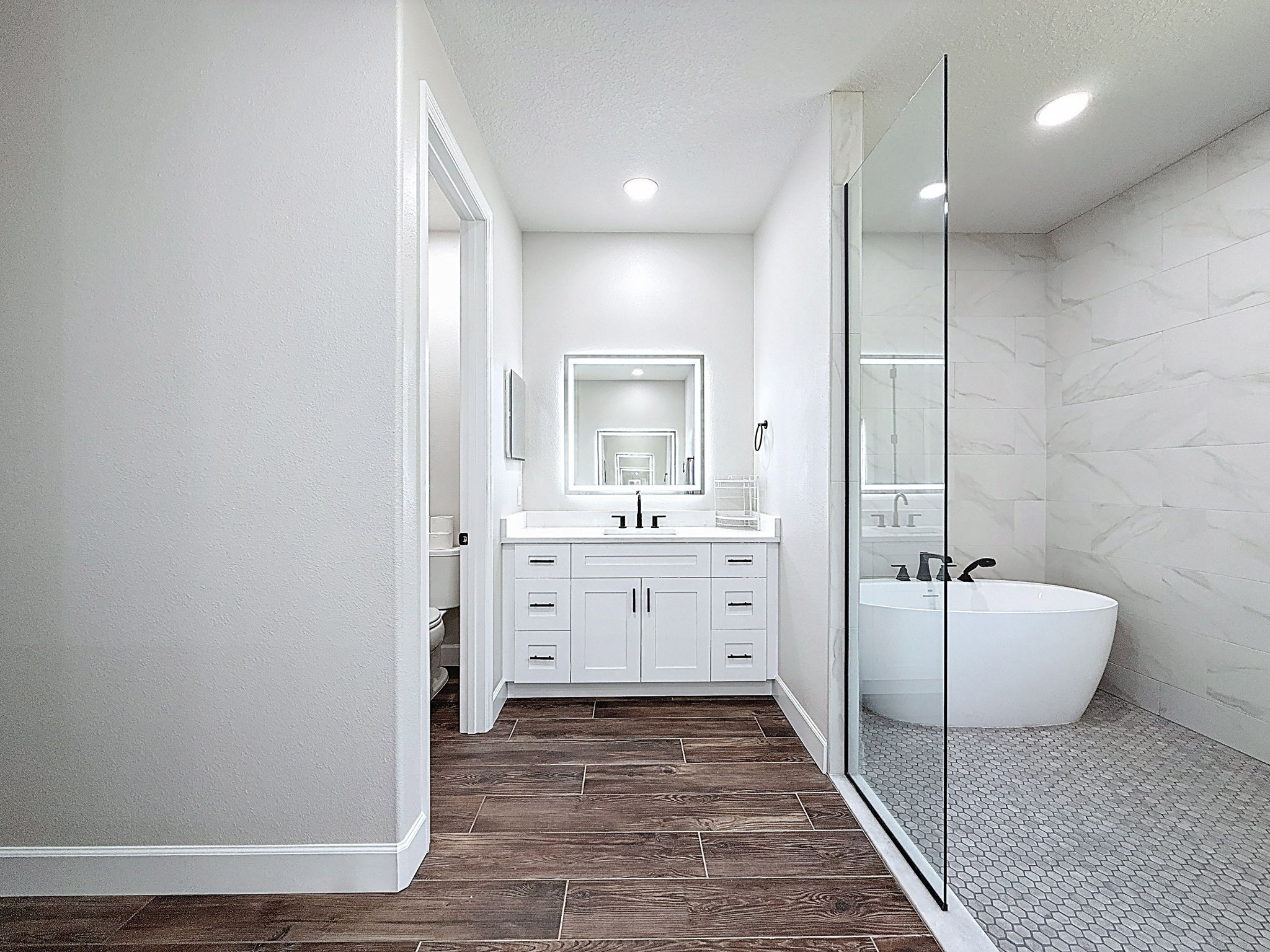 Completed primary bathroom in a Swift custom home project