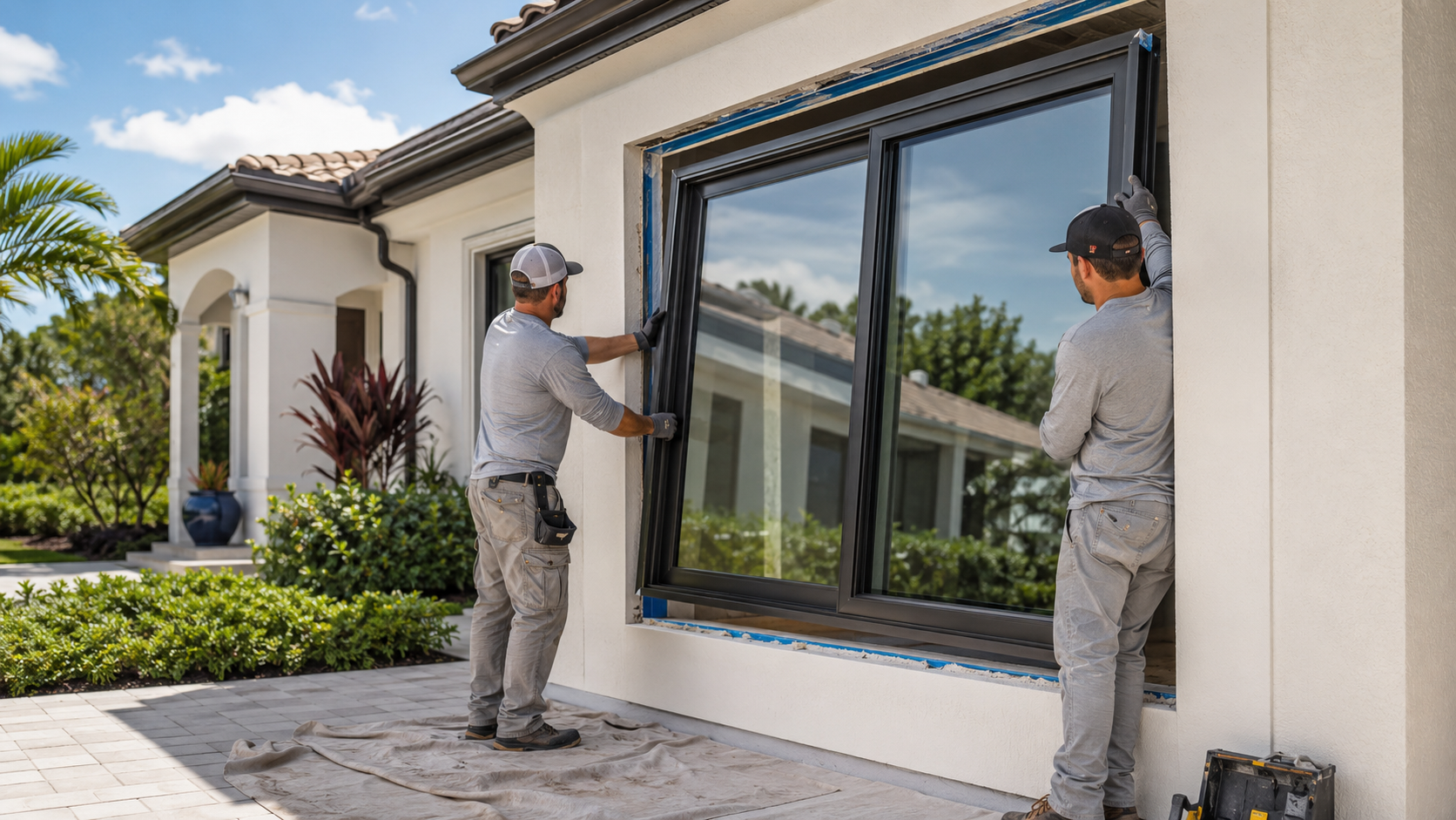 Professional installers fitting a new window into a Florida stucco home